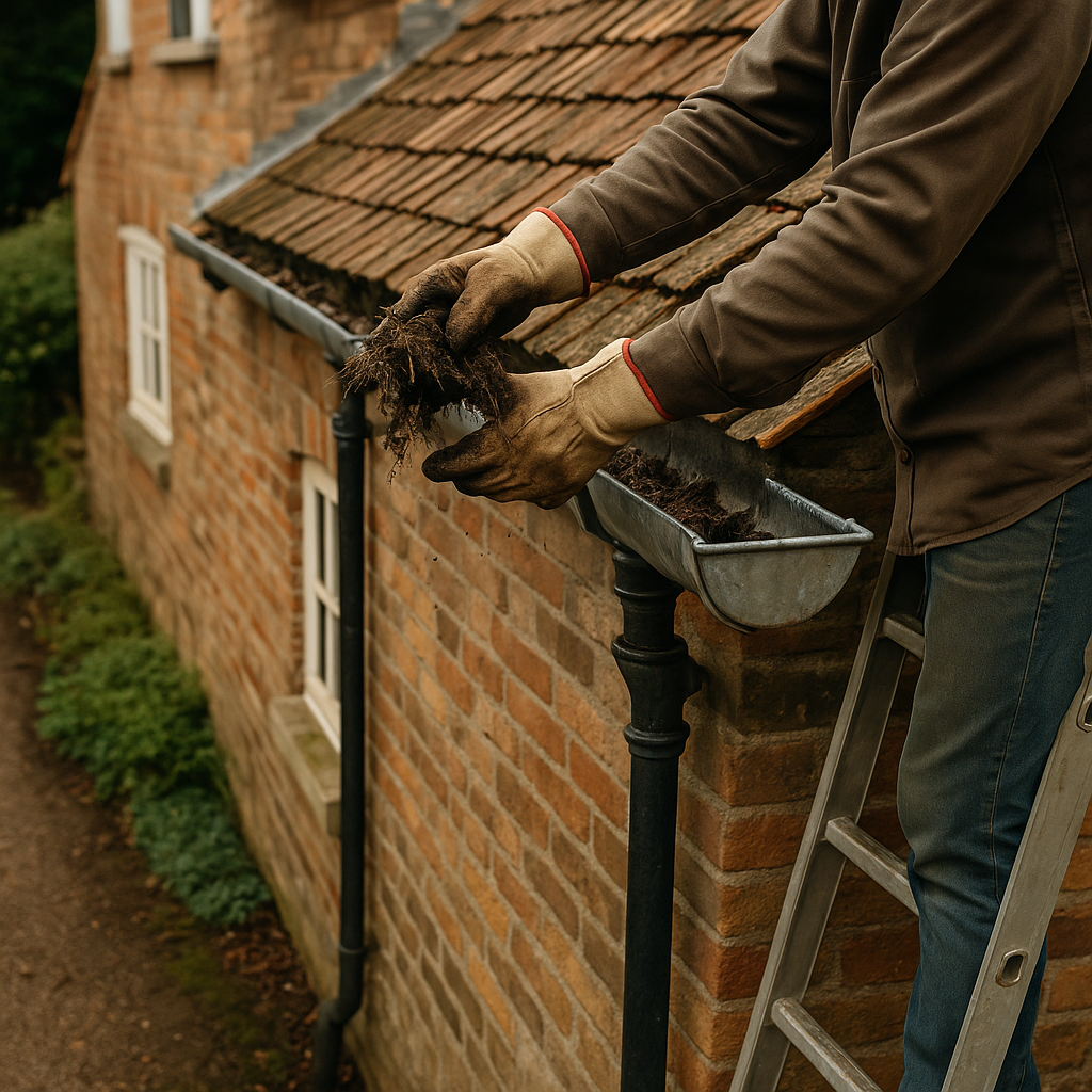 Surveyor clearing gutters on a traditional home